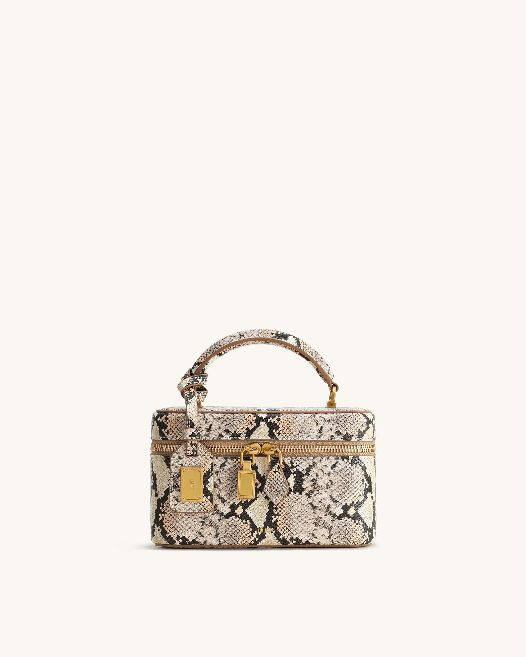 JW PEI Cleo Snake Embossed Box Shape Top Handle Bag Beige