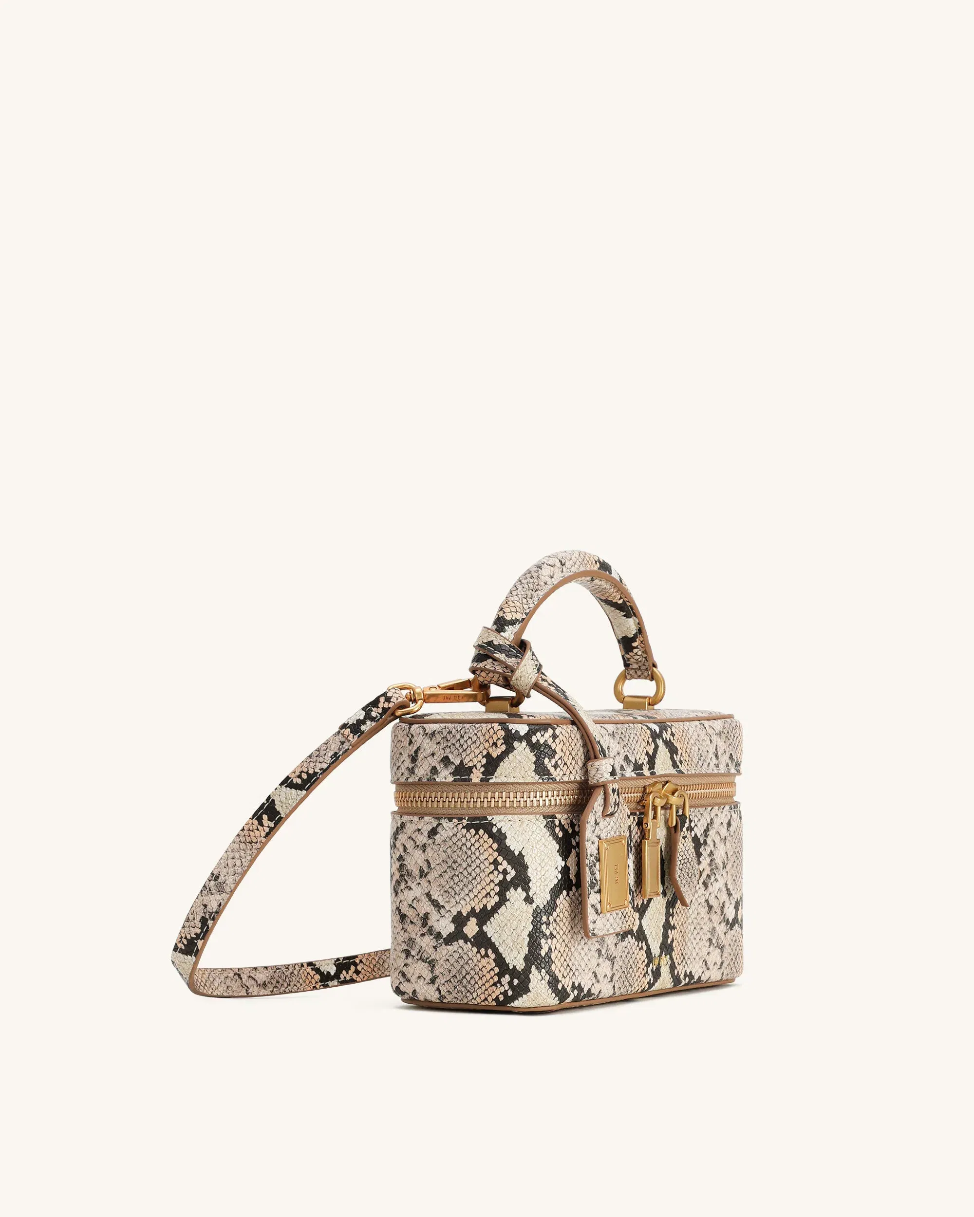 JW PEI Cleo Snake Embossed Box Shape Top Handle Bag Beige