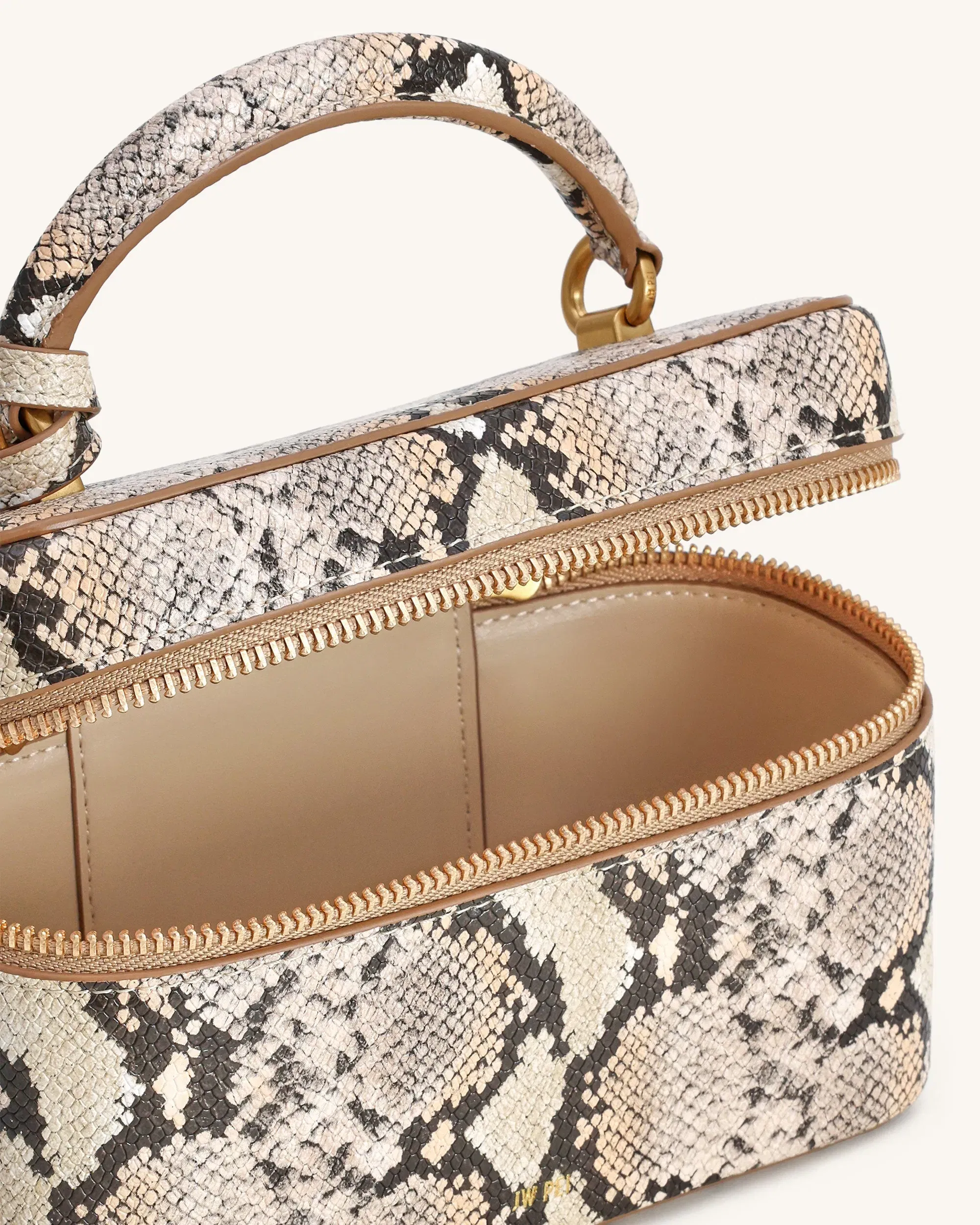 JW PEI Cleo Snake Embossed Box Shape Top Handle Bag Beige
