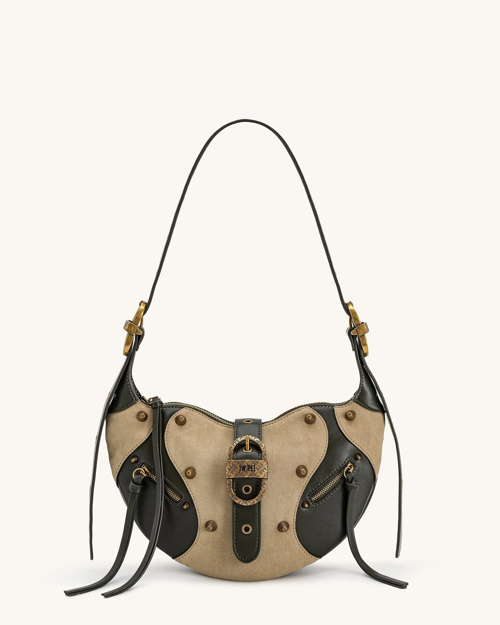 JW PEI Tessa Faux Suede Studded Shoulder Bag Khaki Green