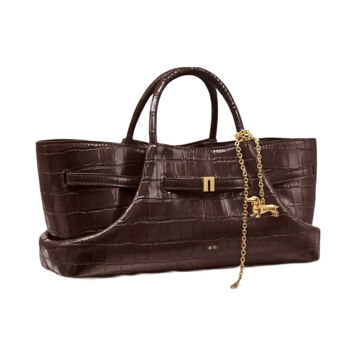 JW PEI Maeve Dachshund Metal Charm Tote Bag Dark Brown Croc