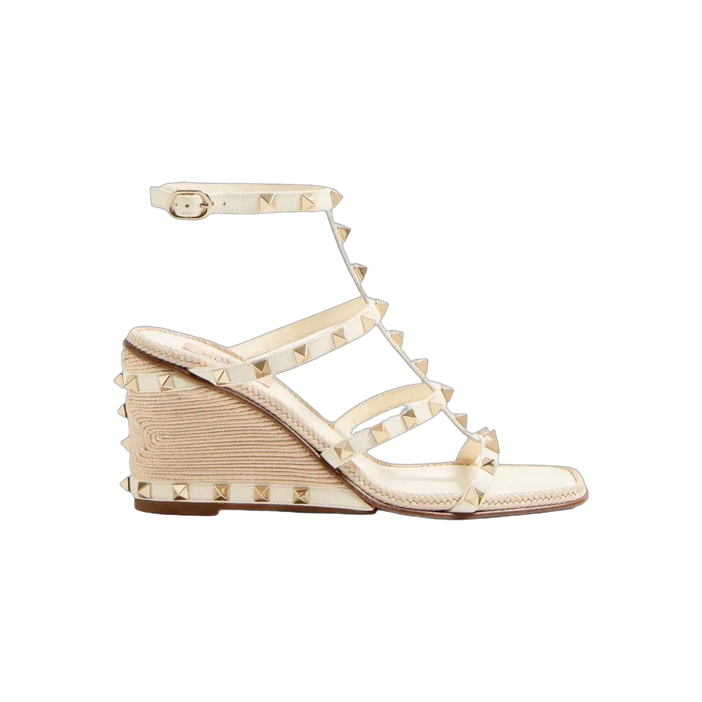 Valentino Rockstud Calfskin Wedge Sandal With Cornely Embroidery 80mm Ivory