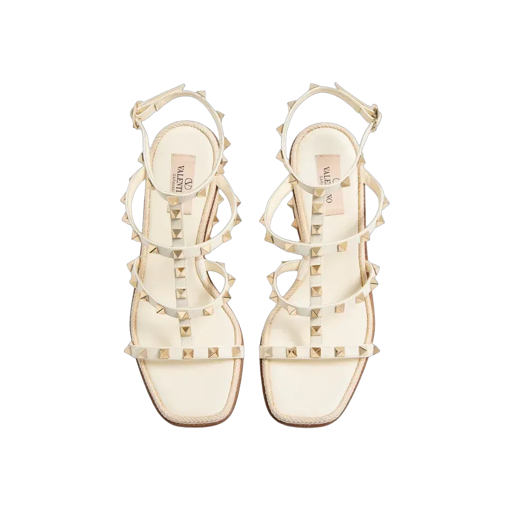 Valentino Rockstud Calfskin Wedge Sandal With Cornely Embroidery 80mm Ivory