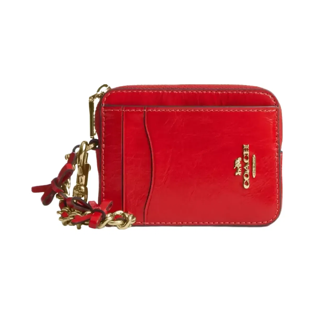 Coach Zip Card Case With Bows in Gold Bright Cherry