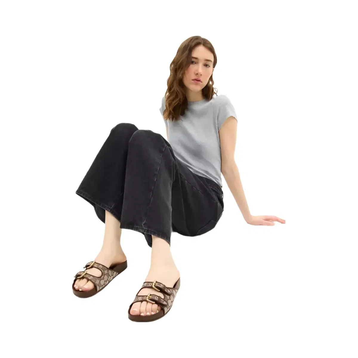 Coach Two Band Buckle Sandal In Signature Jacquard in Oak Maple