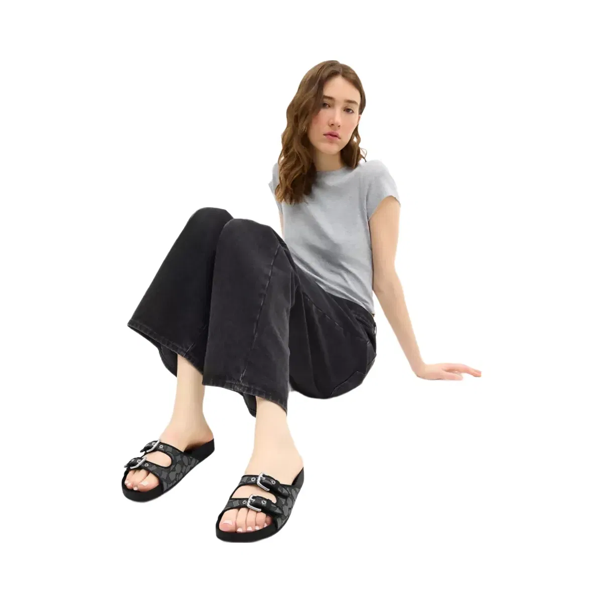 Coach Two Band Buckle Sandal In Signature Jacquard in Charcoal Black