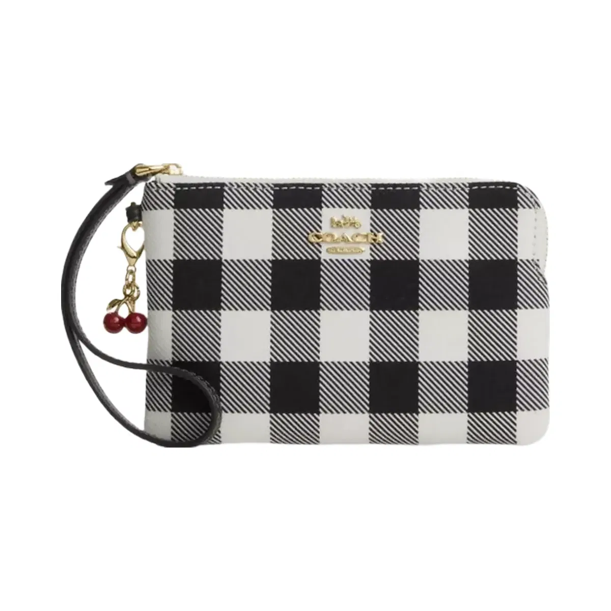 Coach Corner Zip Wristlet With Gingham Print And Charm in Gold Black Multi