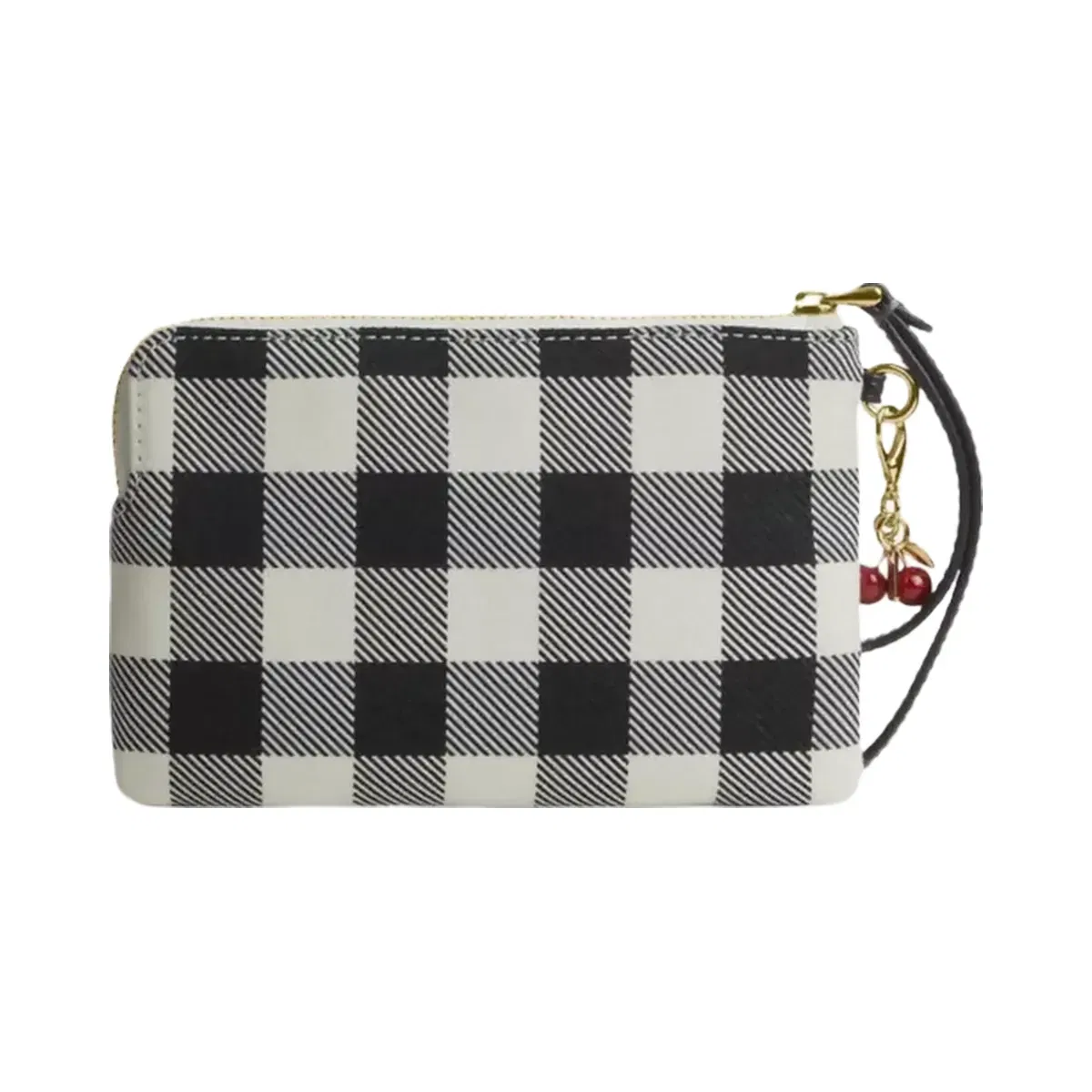 Coach Corner Zip Wristlet With Gingham Print And Charm in Gold Black Multi