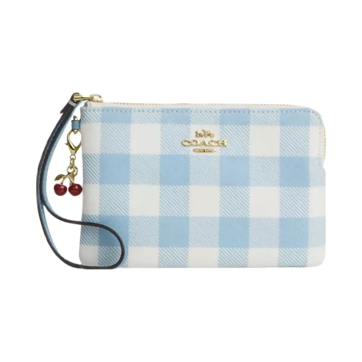 Coach Corner Zip Wristlet With Gingham Print And Charm in Gold Blue Multi
