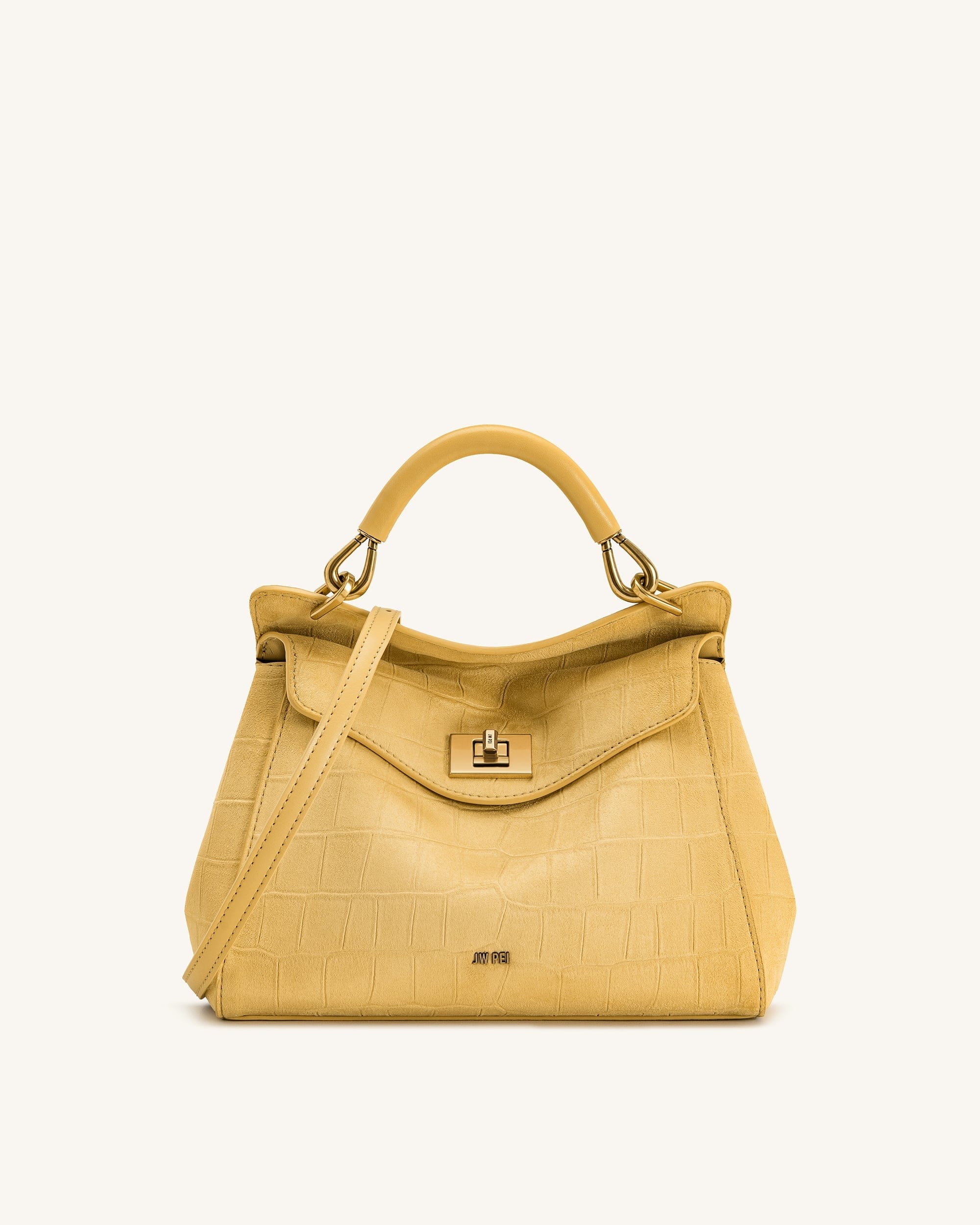 JW PEI Lucia Classic Croc Embossed Faux Suede Top Handle Bag Yellow
