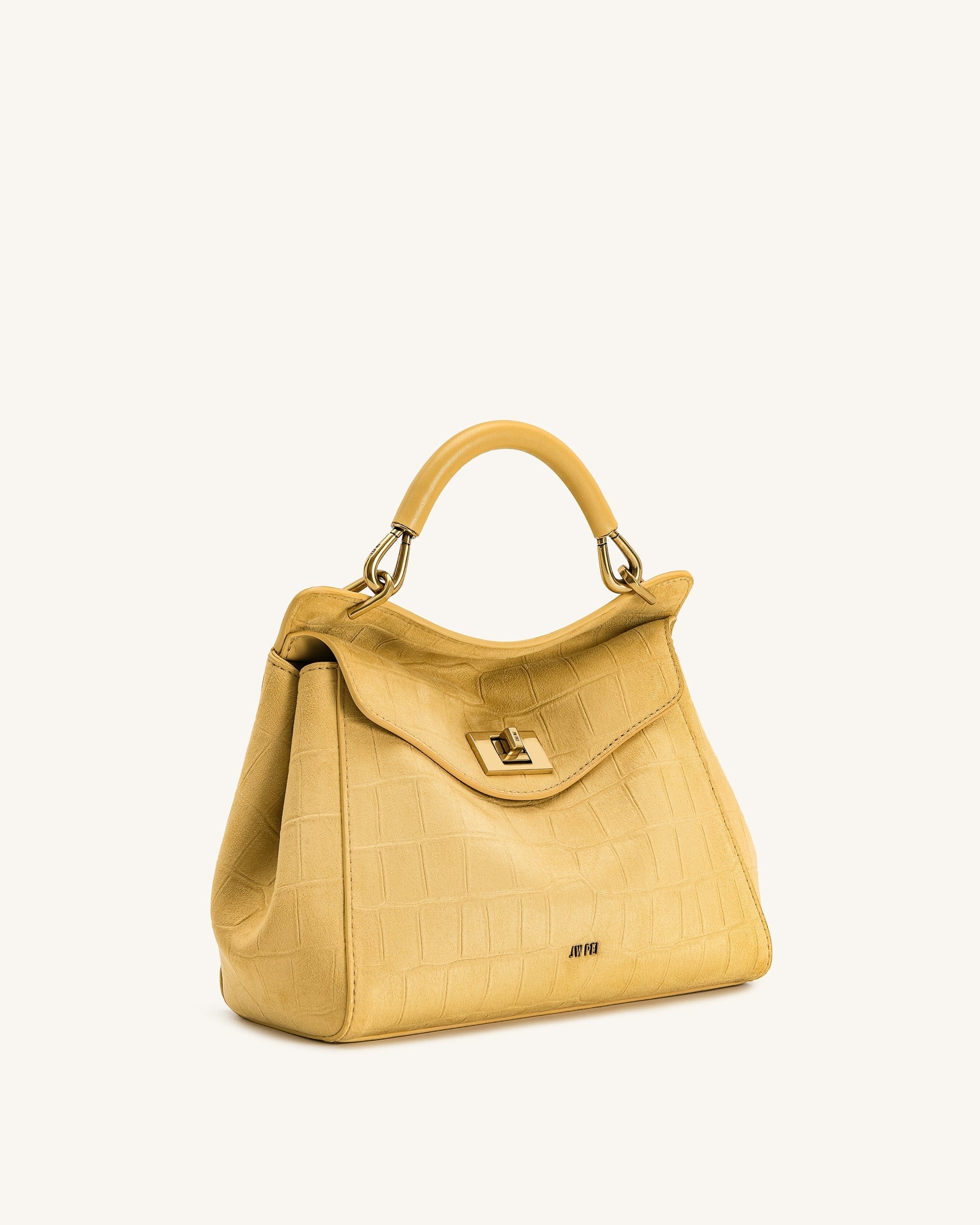 JW PEI Lucia Classic Croc Embossed Faux Suede Top Handle Bag Yellow