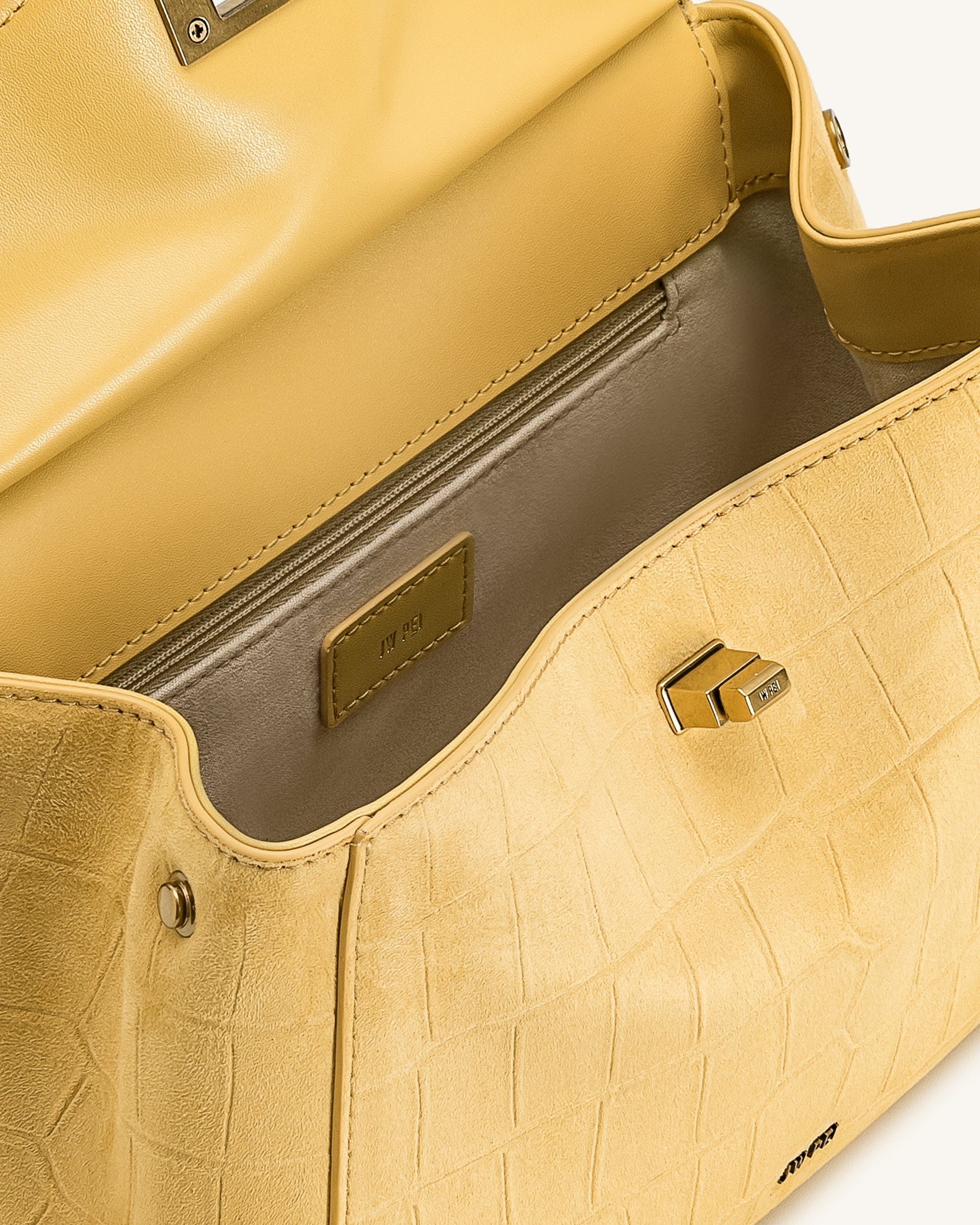 JW PEI Lucia Classic Croc Embossed Faux Suede Top Handle Bag Yellow