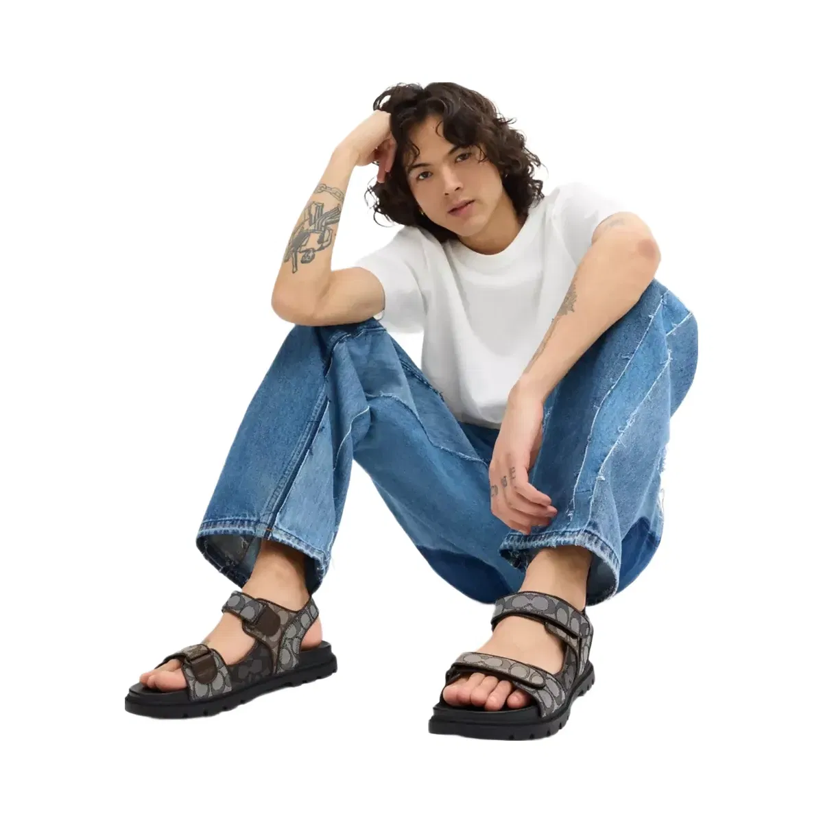 Coach Double Strap Sandal In Signature Jacquard in Deep Blue Multi