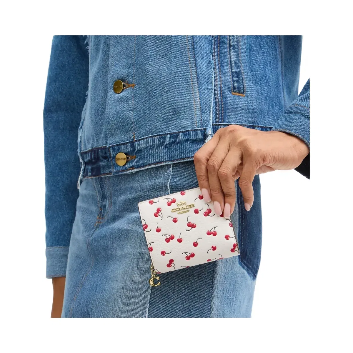 Coach Snap Wallet With Cherry Print in Gold Chalk Multi