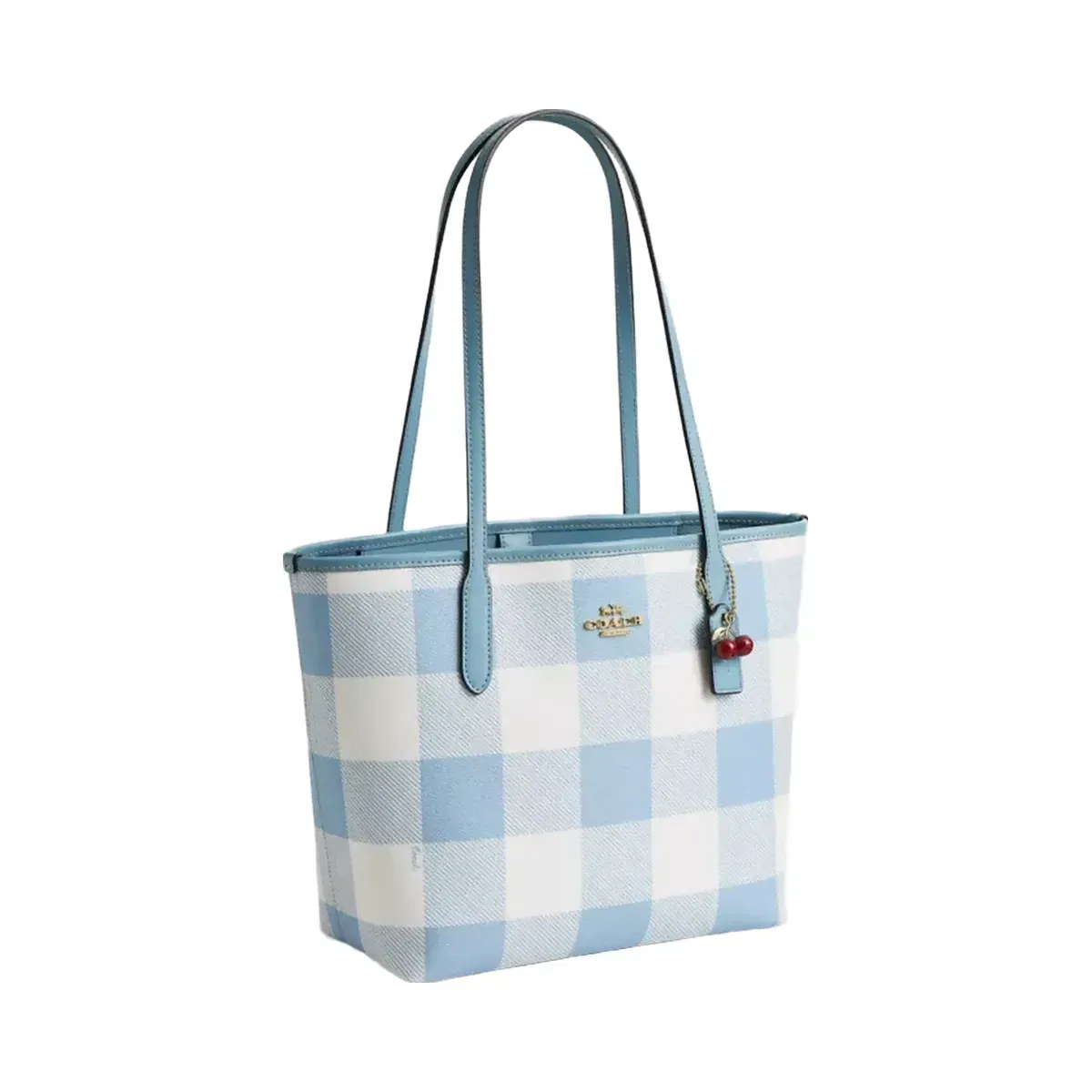 Coach Medium City Tote Bag With Gingham Print And Charm in Gold Blue Multi