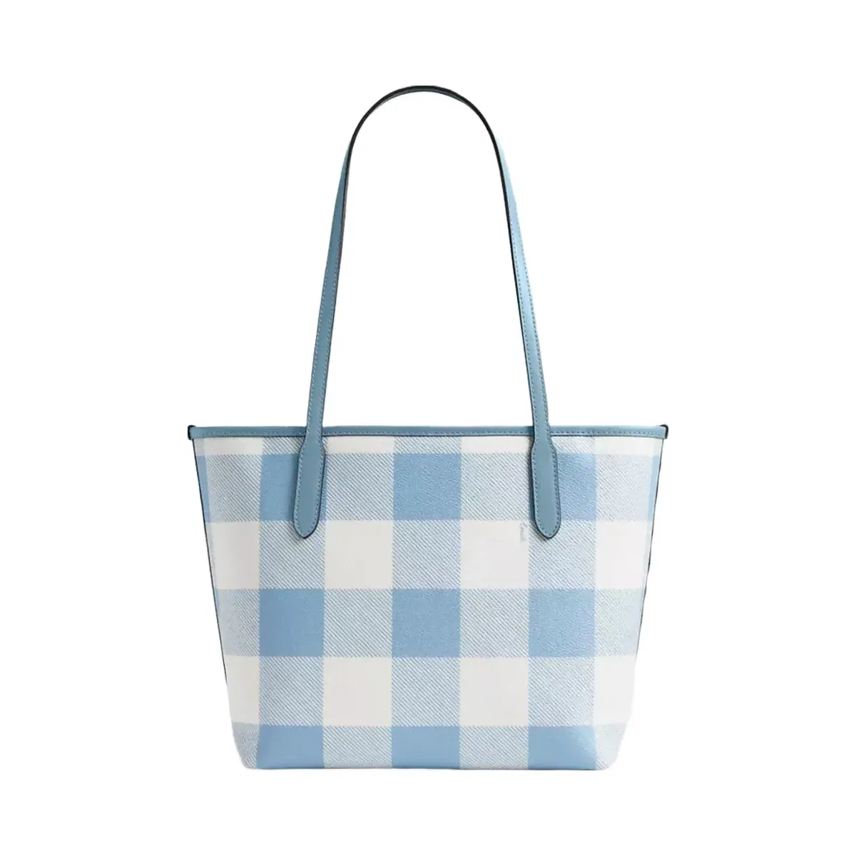Coach Medium City Tote Bag With Gingham Print And Charm in Gold Blue Multi