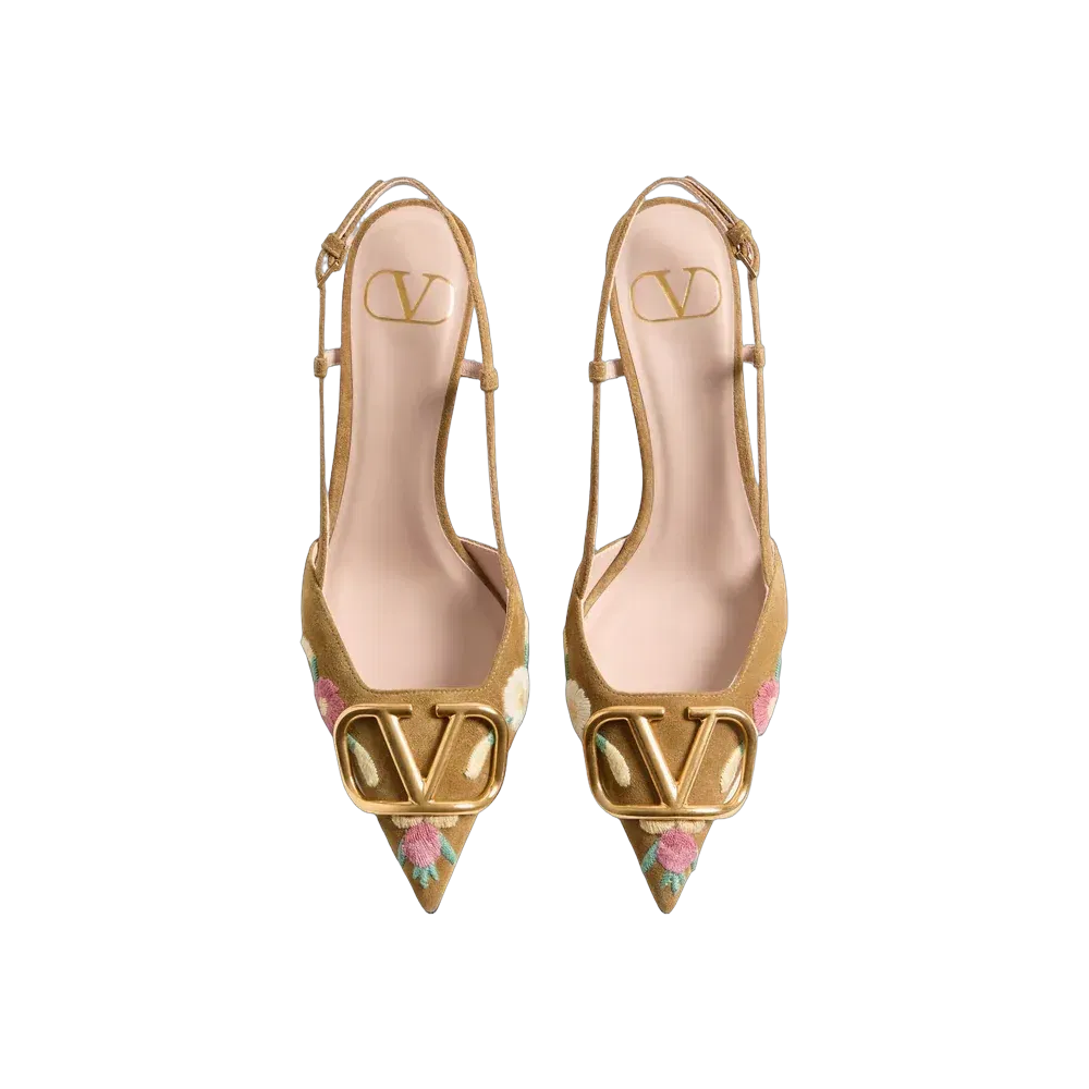 Valentino VLogo Signature Slingback Pump In Crust Leather With Floral Embroidery 80mm Havana Beige