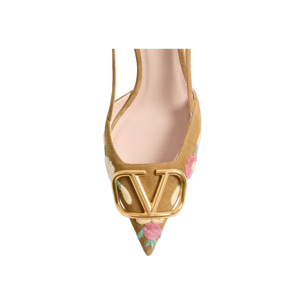 Valentino VLogo Signature Slingback Pump In Crust Leather With Floral Embroidery 80mm Havana Beige