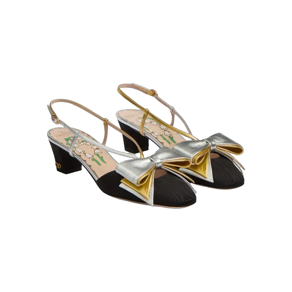 Valentino Bowow Slingback Pumps In Moirè Fabric 45mm Silver