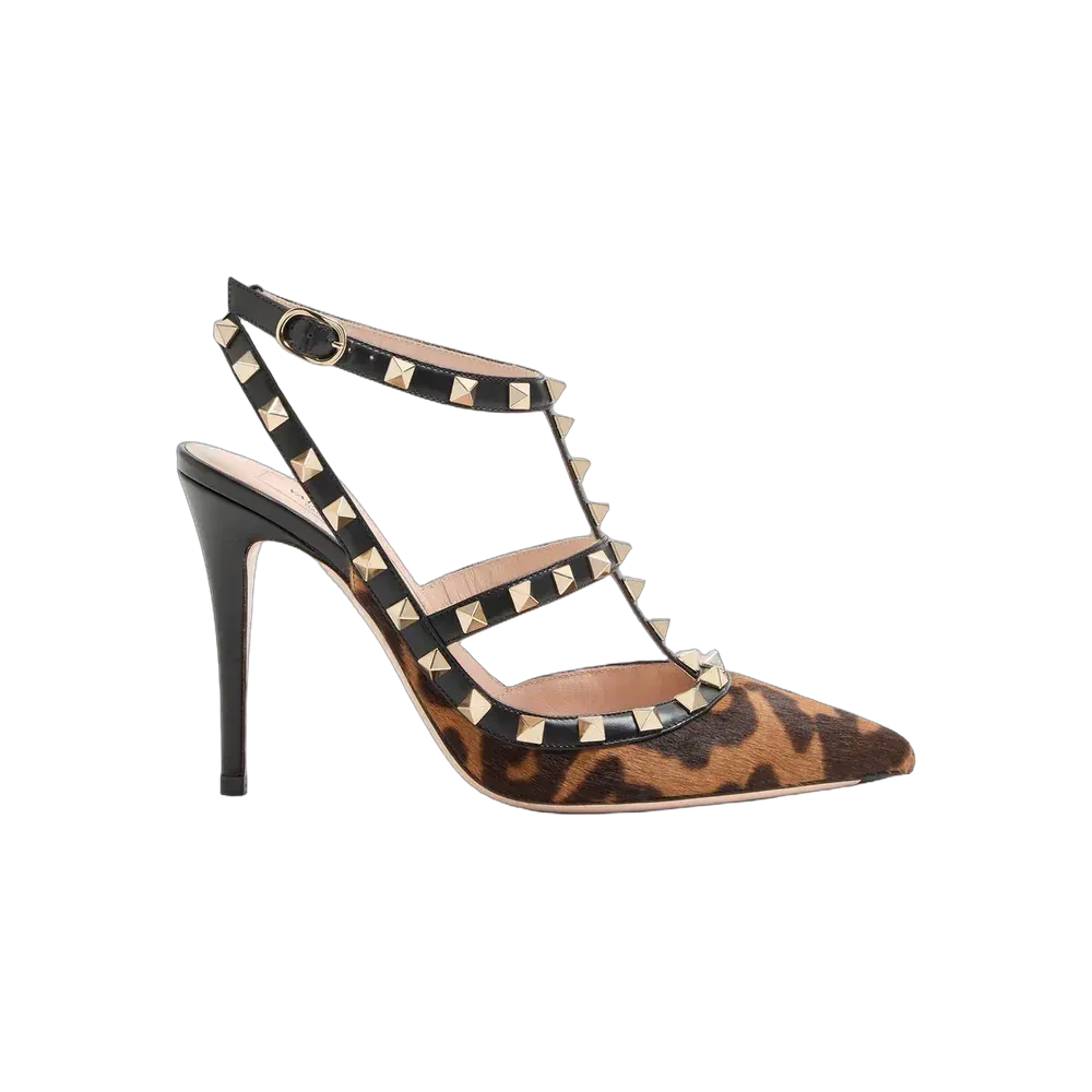 Valentino Rockstud Pumps With Straps In Pony-Effect Calfskin 100mm Brown