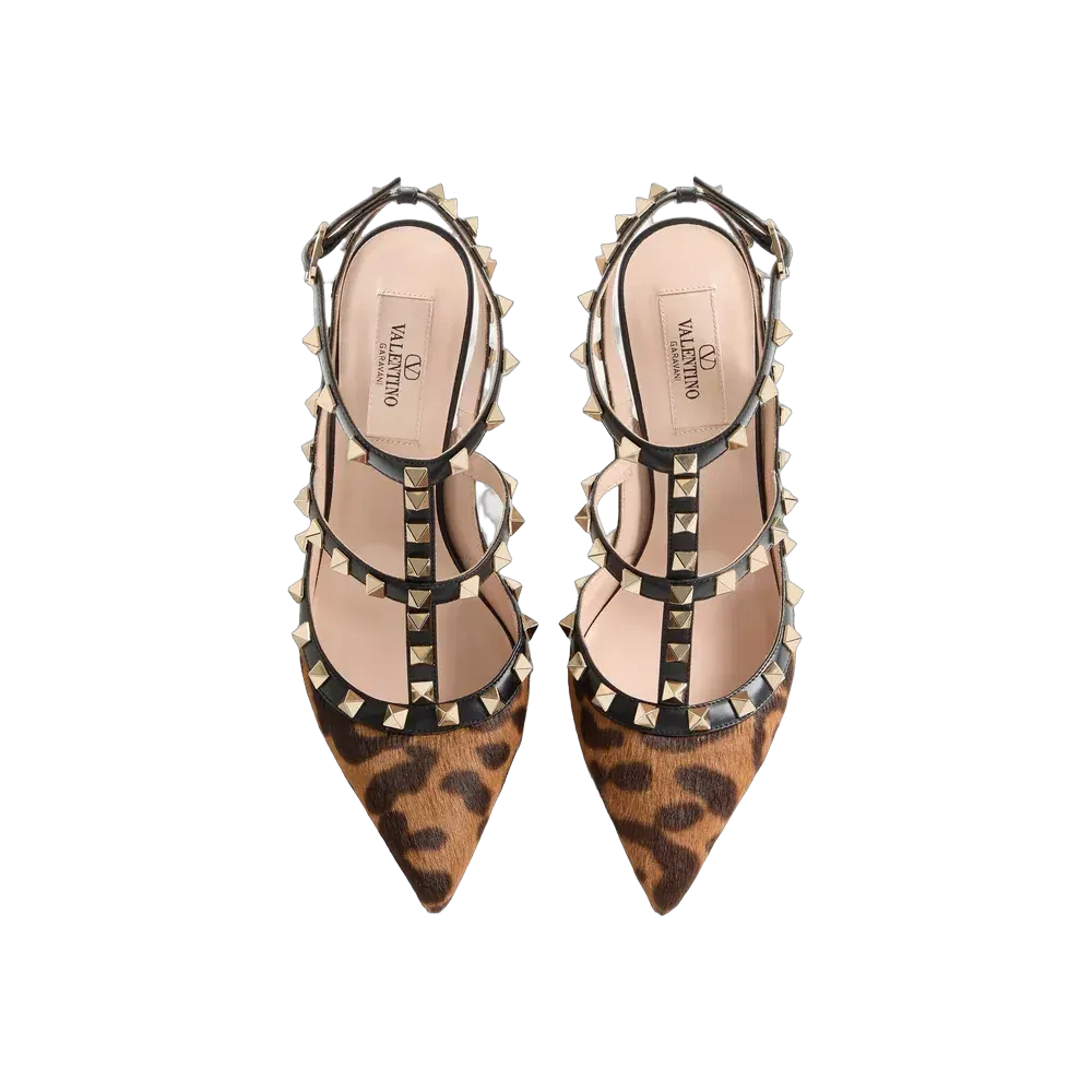Valentino Rockstud Pumps With Straps In Pony-Effect Calfskin 100mm Brown