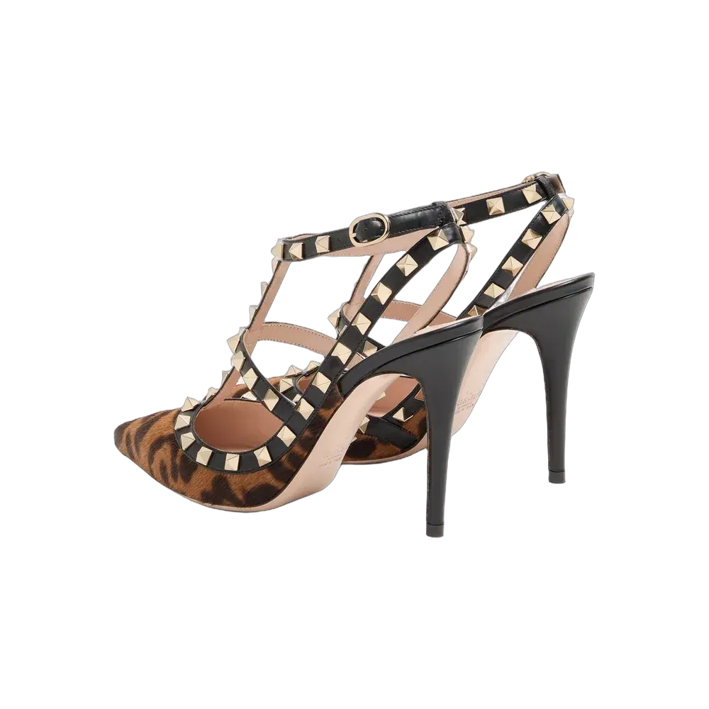 Valentino Rockstud Pumps With Straps In Pony-Effect Calfskin 100mm Brown