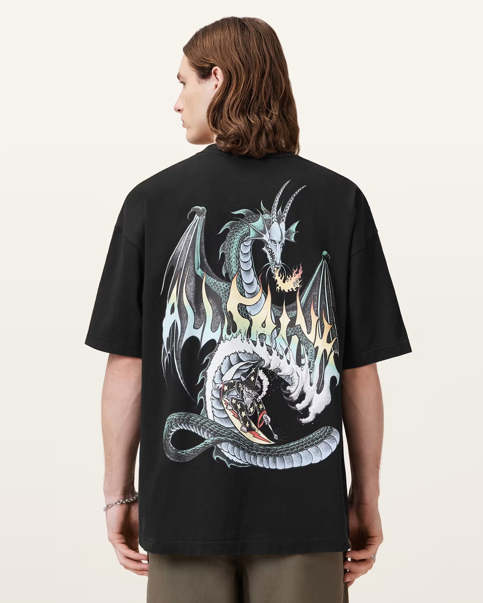 ALL SAINTS Dragon Wave Oversized Short Sleeve T-Shirt Washed Black