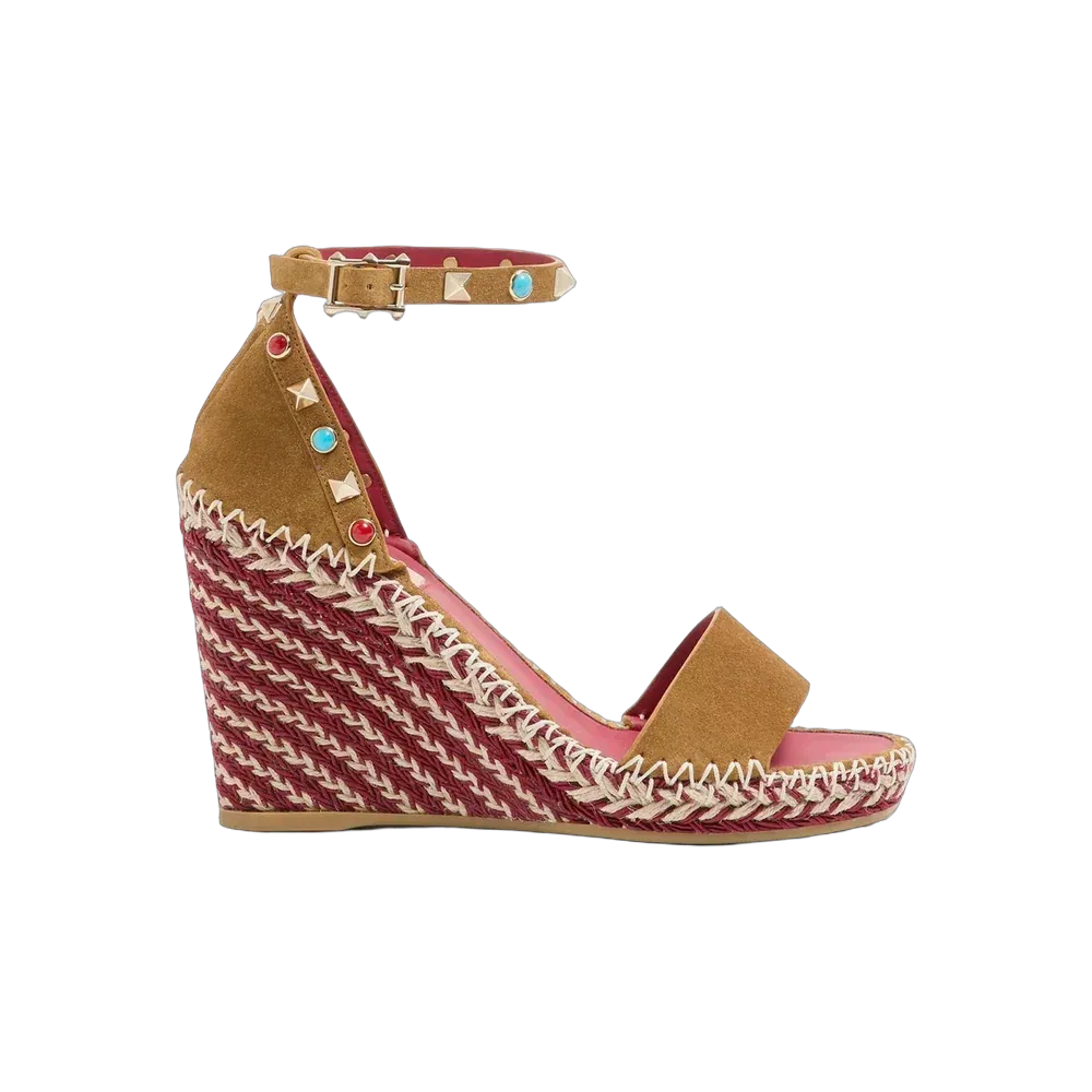 Valentino Rockstud Double Wedge Sandal In Split Leather With Cabochon Stones 105 mm Havana Beige