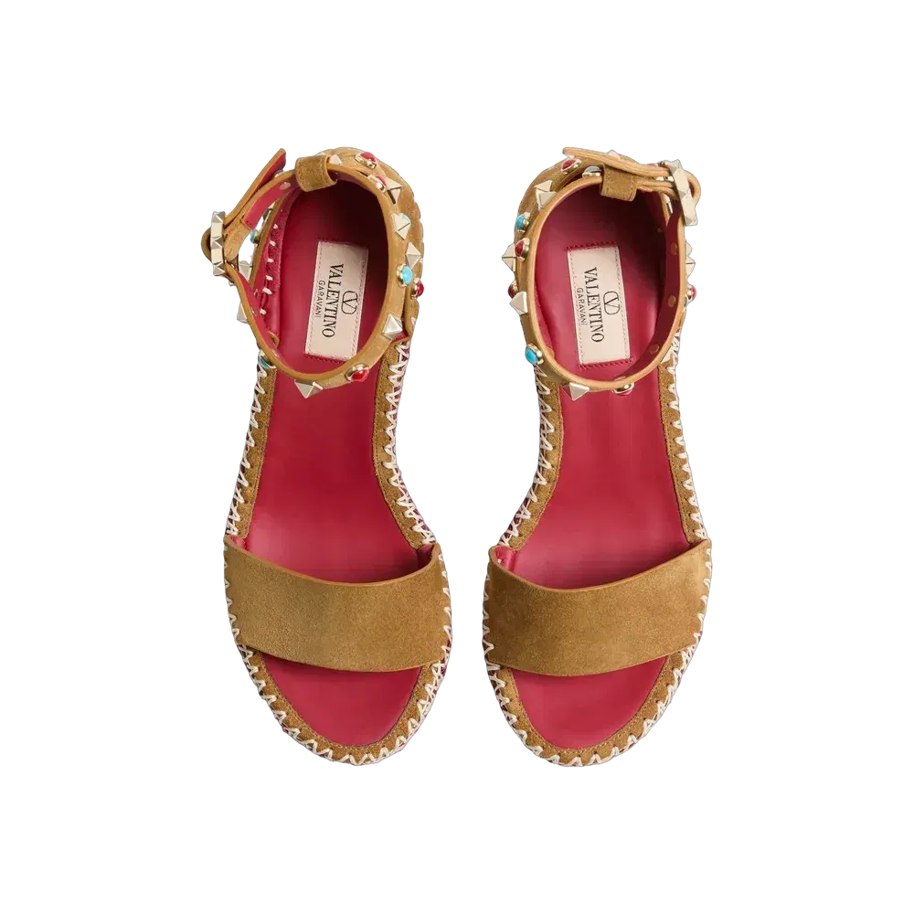 Valentino Rockstud Double Wedge Sandal In Split Leather With Cabochon Stones 105 mm Havana Beige