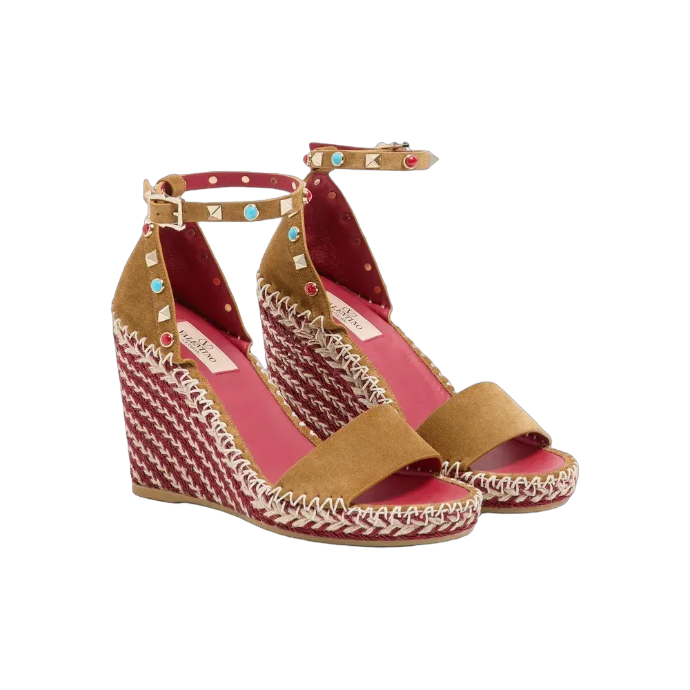 Valentino Rockstud Double Wedge Sandal In Split Leather With Cabochon Stones 105 mm Havana Beige