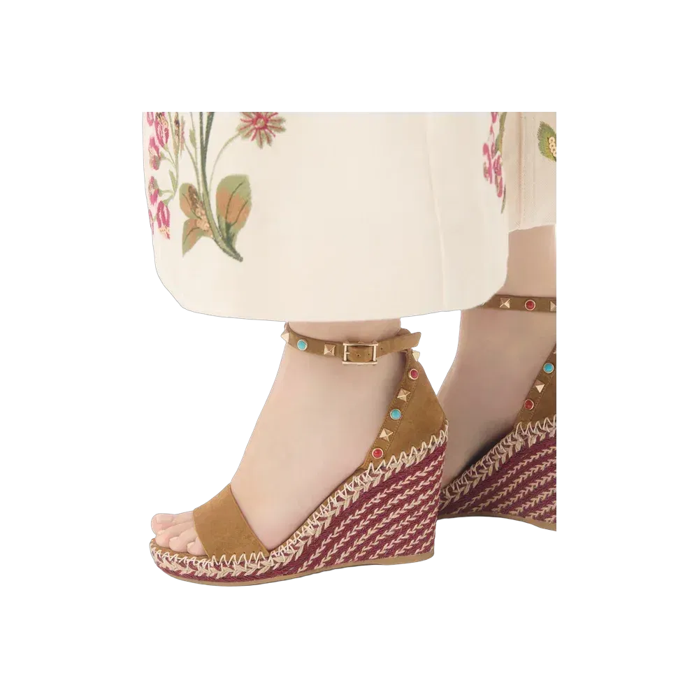 Valentino Rockstud Double Wedge Sandal In Split Leather With Cabochon Stones 105 mm Havana Beige