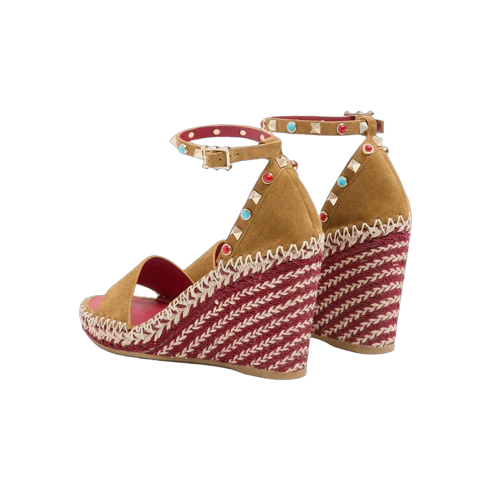 Valentino Rockstud Double Wedge Sandal In Split Leather With Cabochon Stones 105 mm Havana Beige