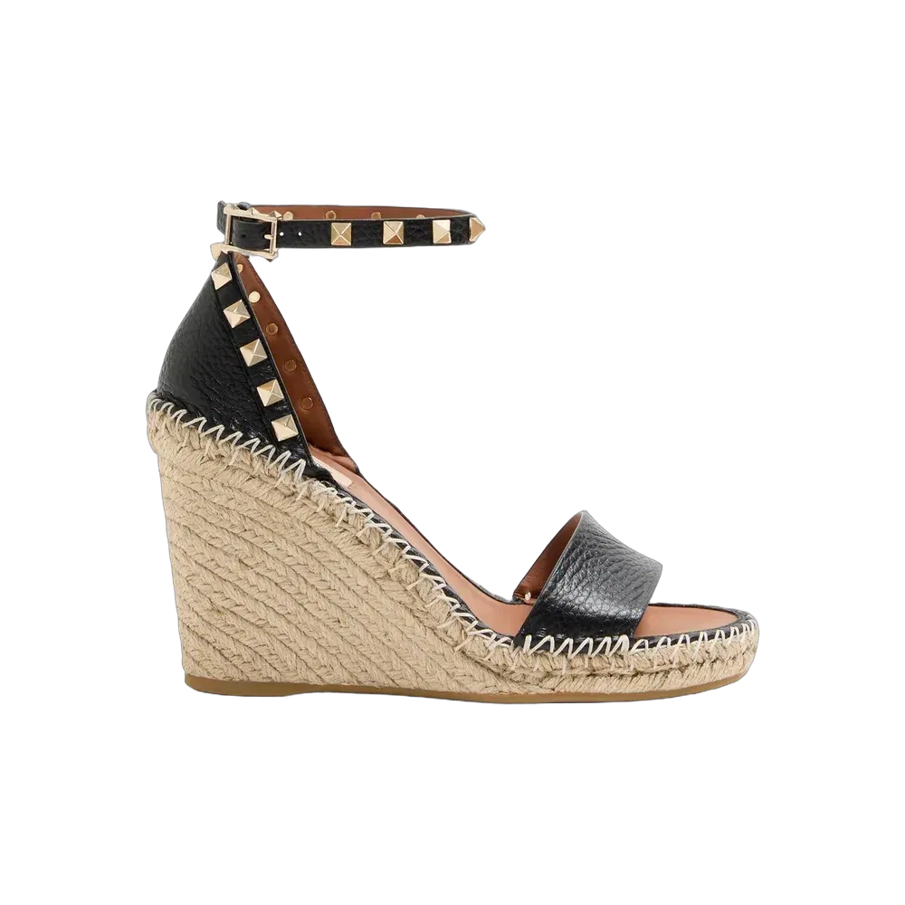 Valentino Double Rockstud Grainy Calfskin Wedge Sandal 105 mm Black