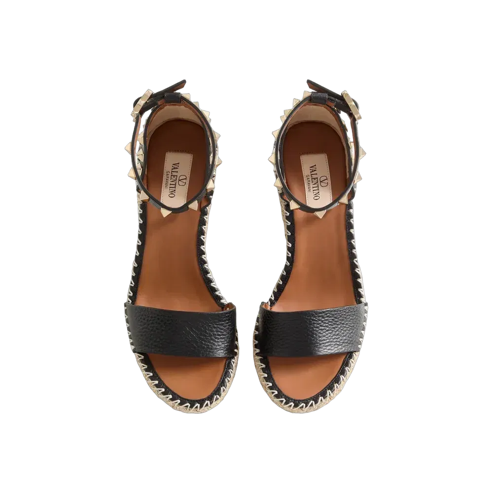 Valentino Double Rockstud Grainy Calfskin Wedge Sandal 105 mm Black