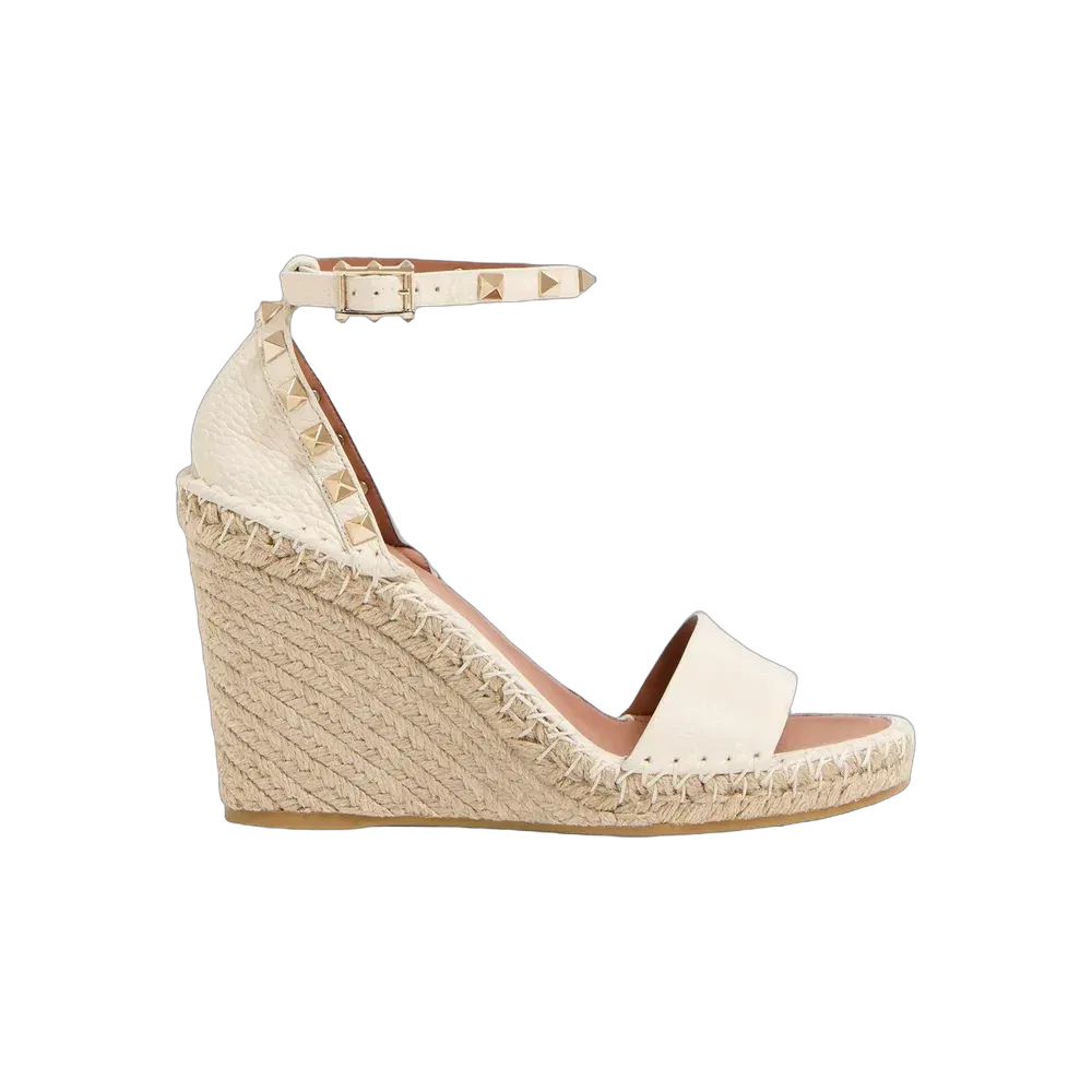 Valentino Double Rockstud Grainy Calfskin Wedge Sandal 105 mm Ivory