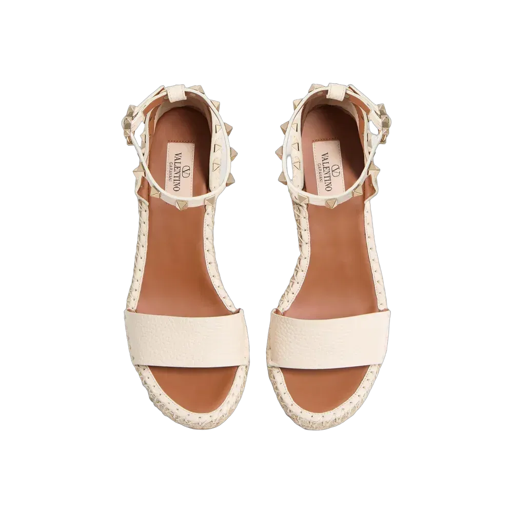 Valentino Double Rockstud Grainy Calfskin Wedge Sandal 105 mm Ivory