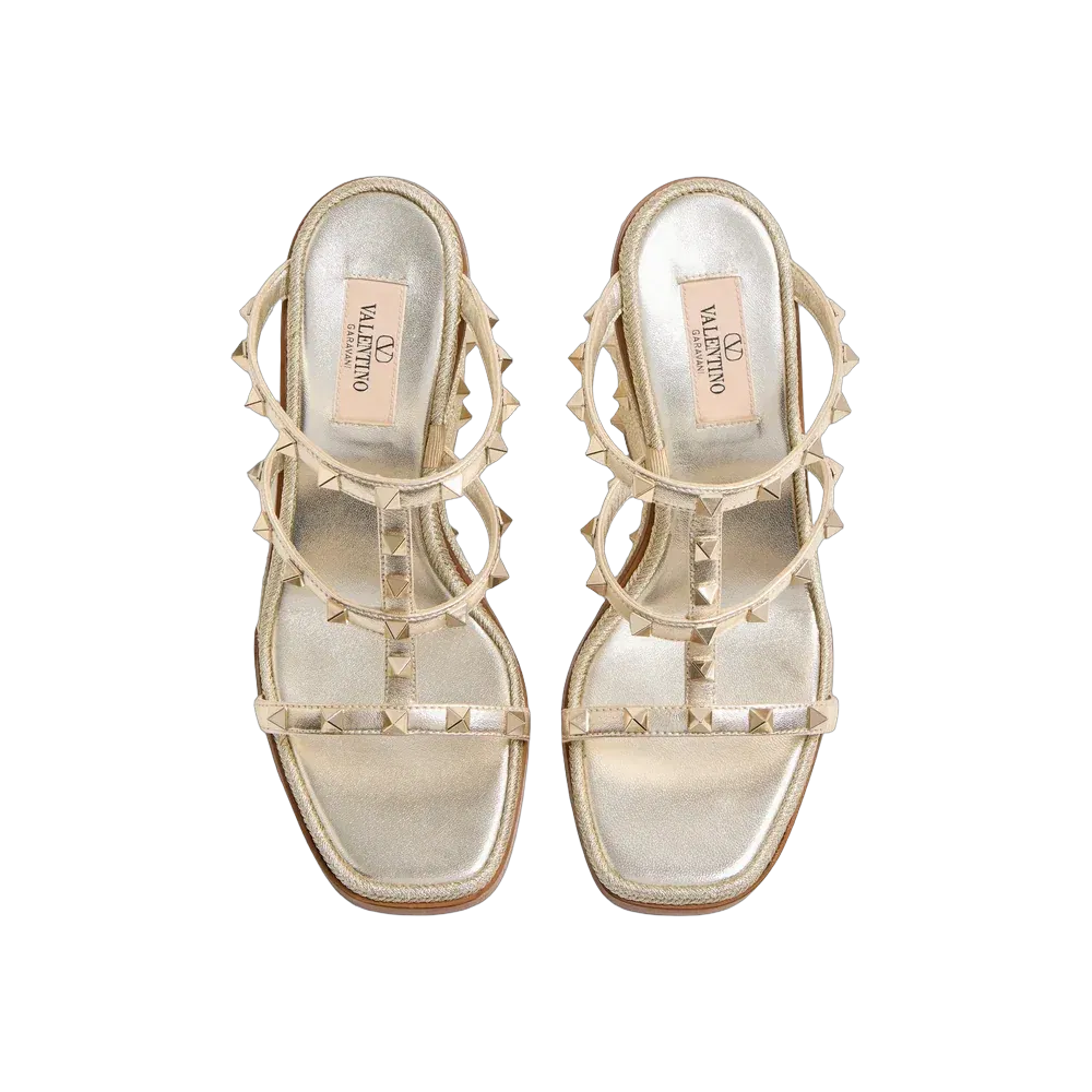 Valentino Rockstud Wedge Sandal In Laminated Nappa With Cornely Embroidery 100 mm Platinum