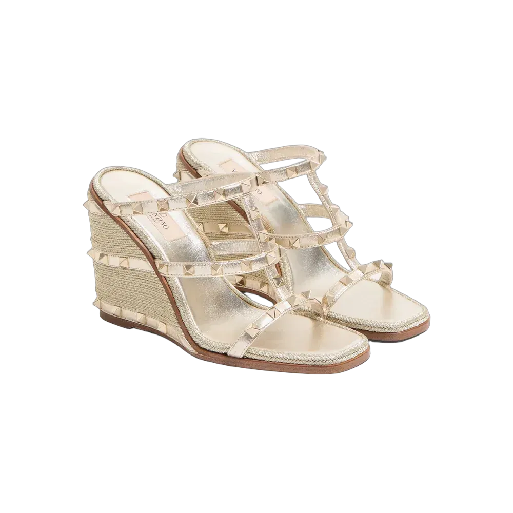 Valentino Rockstud Wedge Sandal In Laminated Nappa With Cornely Embroidery 100 mm Platinum
