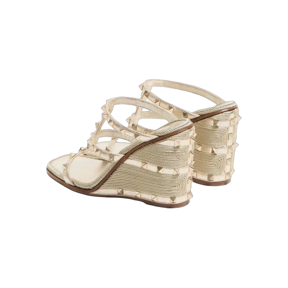 Valentino Rockstud Wedge Sandal In Laminated Nappa With Cornely Embroidery 100 mm Platinum