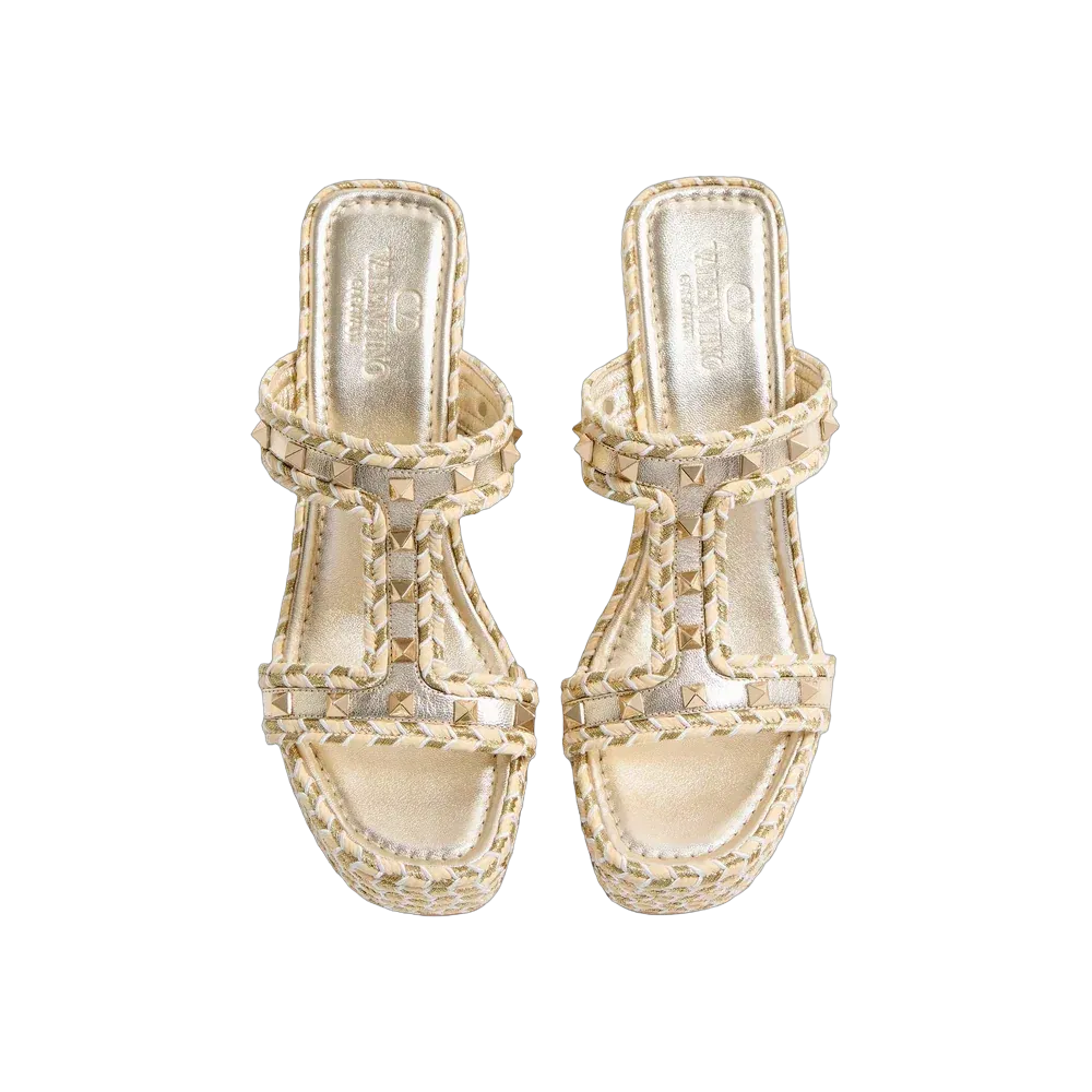 Valentino Rockstud Laminated Nappa Wedge Sandal 90 mm Natural