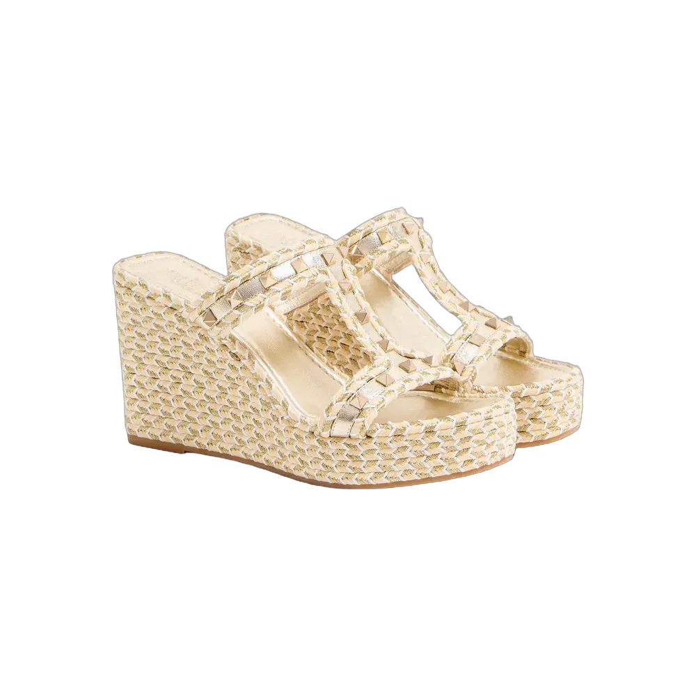 Valentino Rockstud Laminated Nappa Wedge Sandal 90 mm Natural