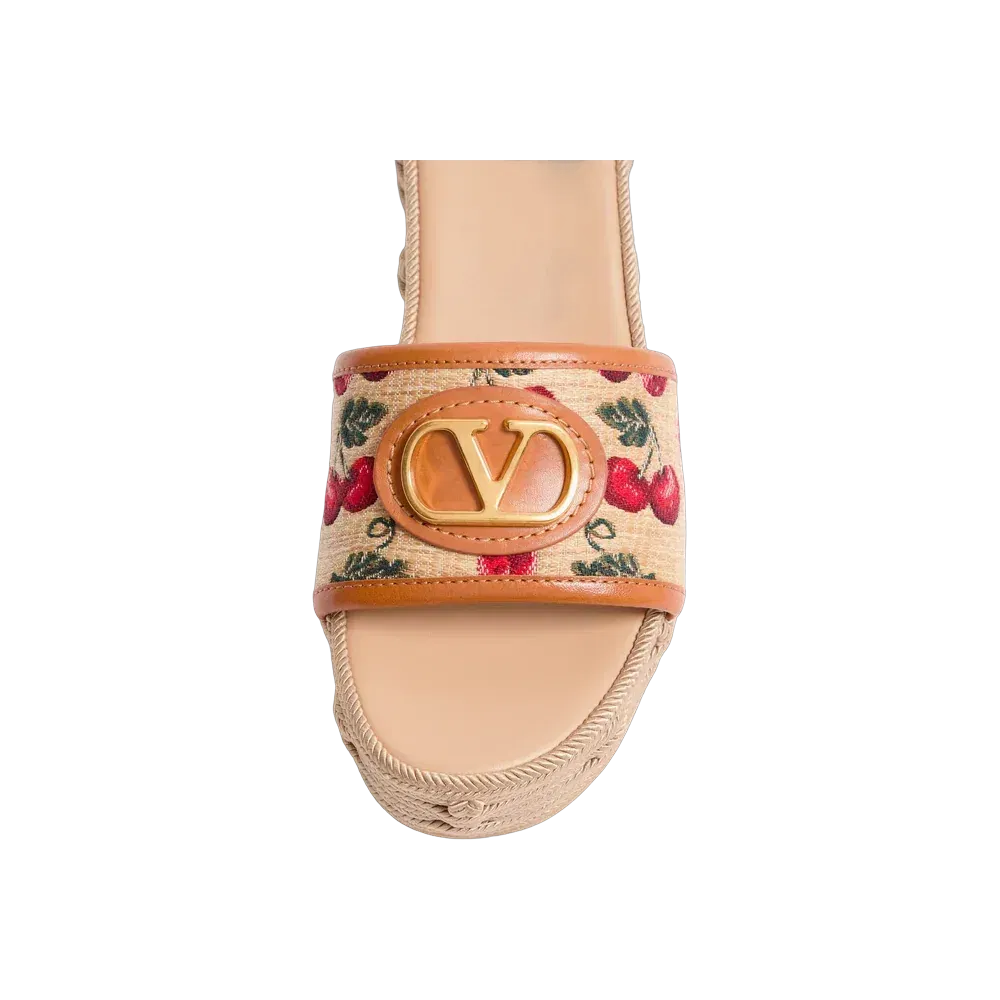 Valentino VLogo Signature Flatform Sandal In Jacquard Raffia With Cherryfic Motif 60 mm Natural