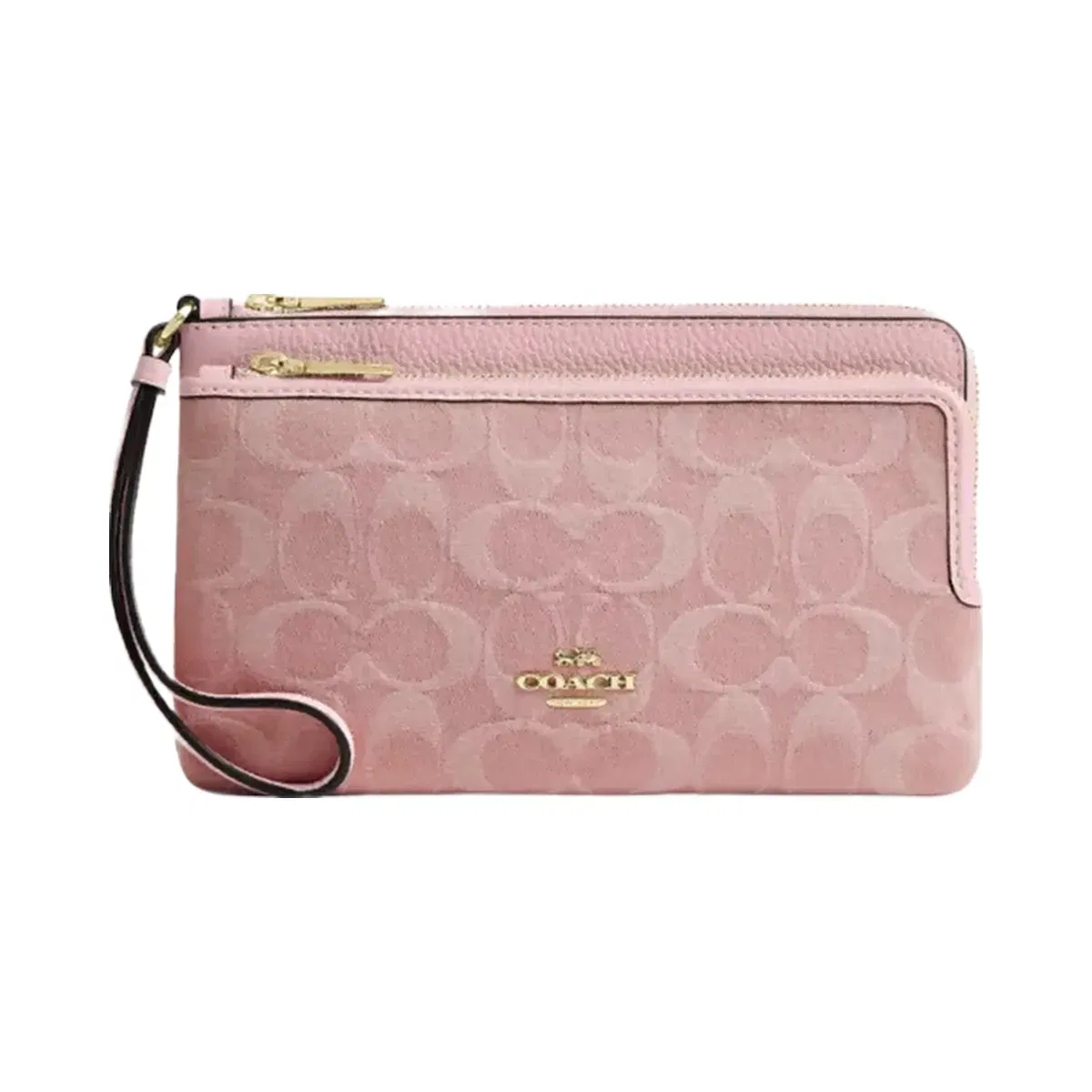 Coach Double Zip Wallet In Signature Denim in Gold Light Pink