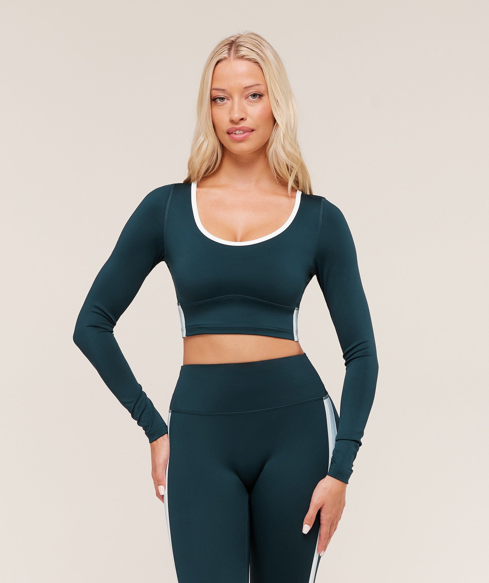 Women's Gymshark Piping Long Sleeve Crop Top Deep Petrol Blue