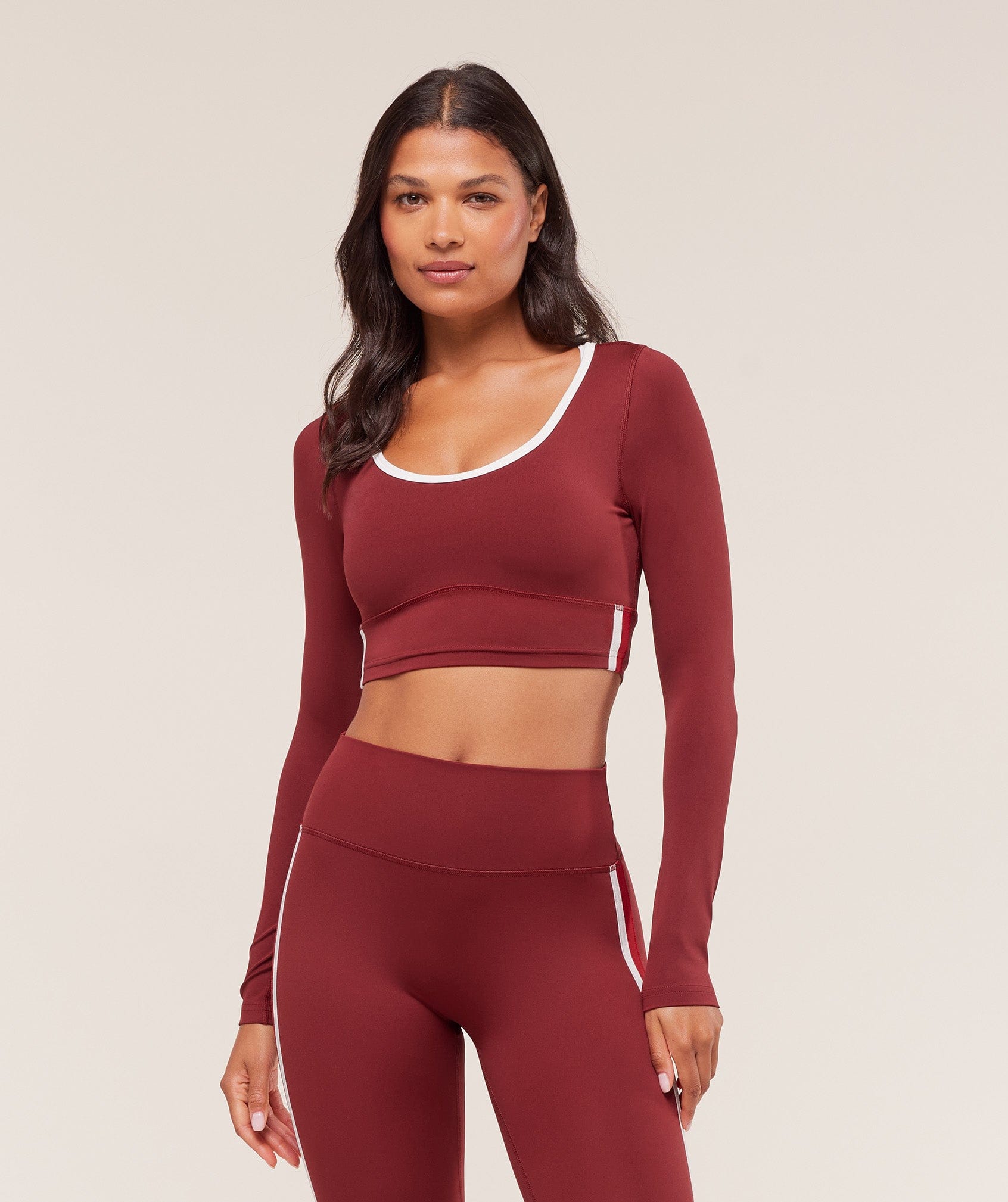 Women's Gymshark Piping Long Sleeve Crop Top Sets Red