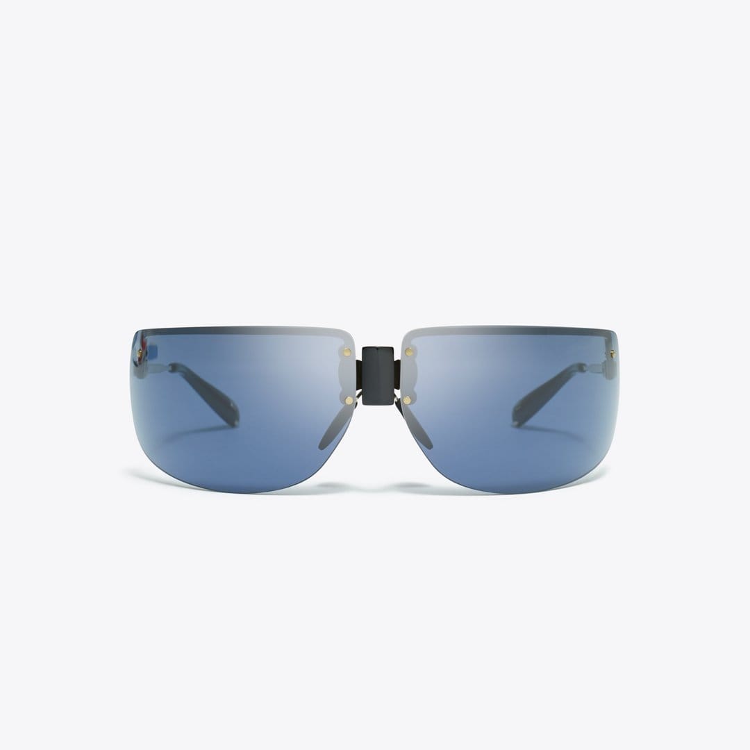 Tory Burch Shield Runway Sunglasses SHINY LIGHT GOLD/NAVY BLUE
