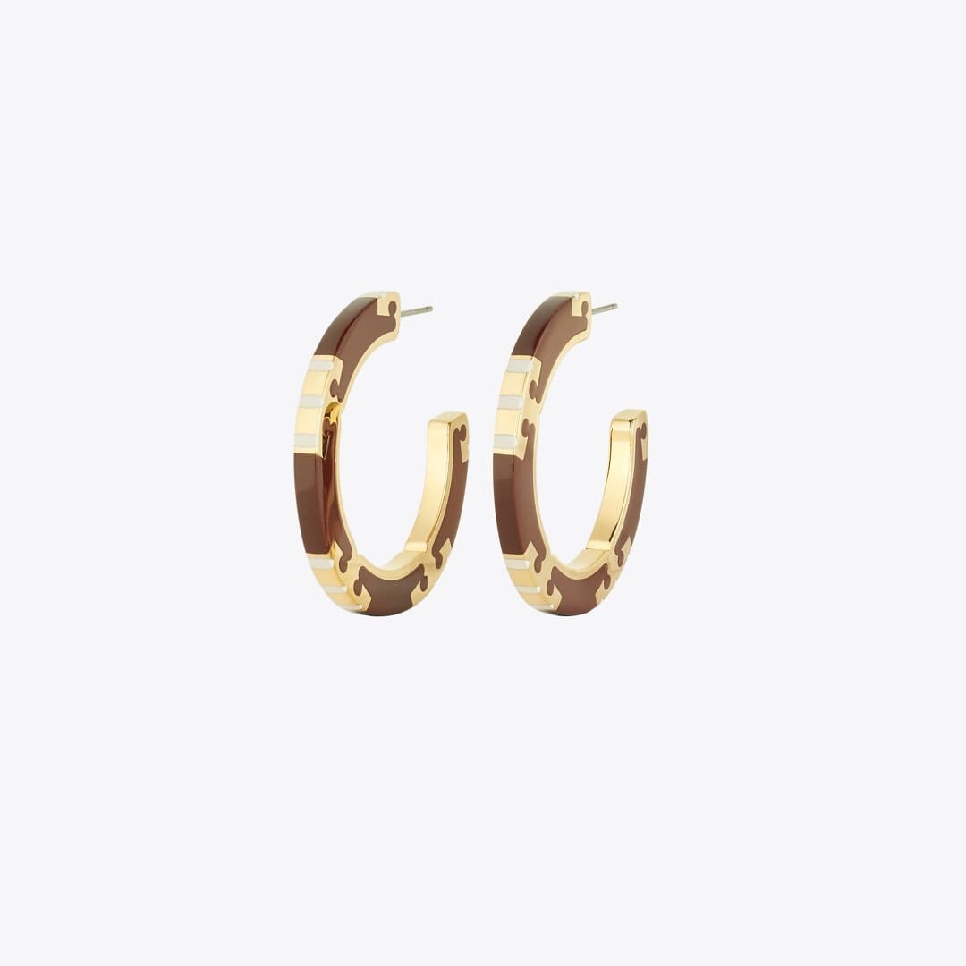 Tory Burch Icon Enamel Hoop Earrings Tory Gold / Burgundy / Pink