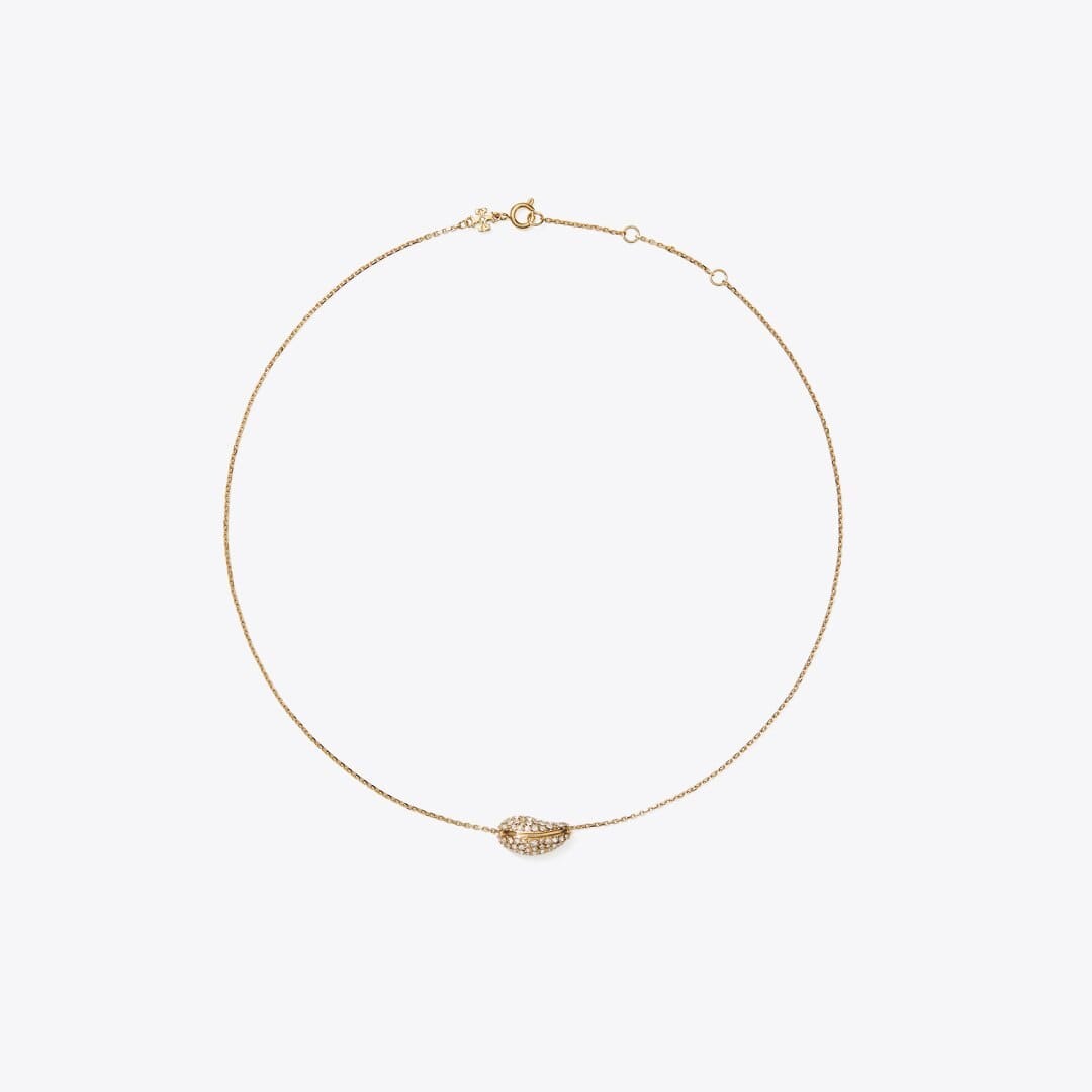 Tory Burch Pierced Pav Pendant Necklace Light Brass / Crystal