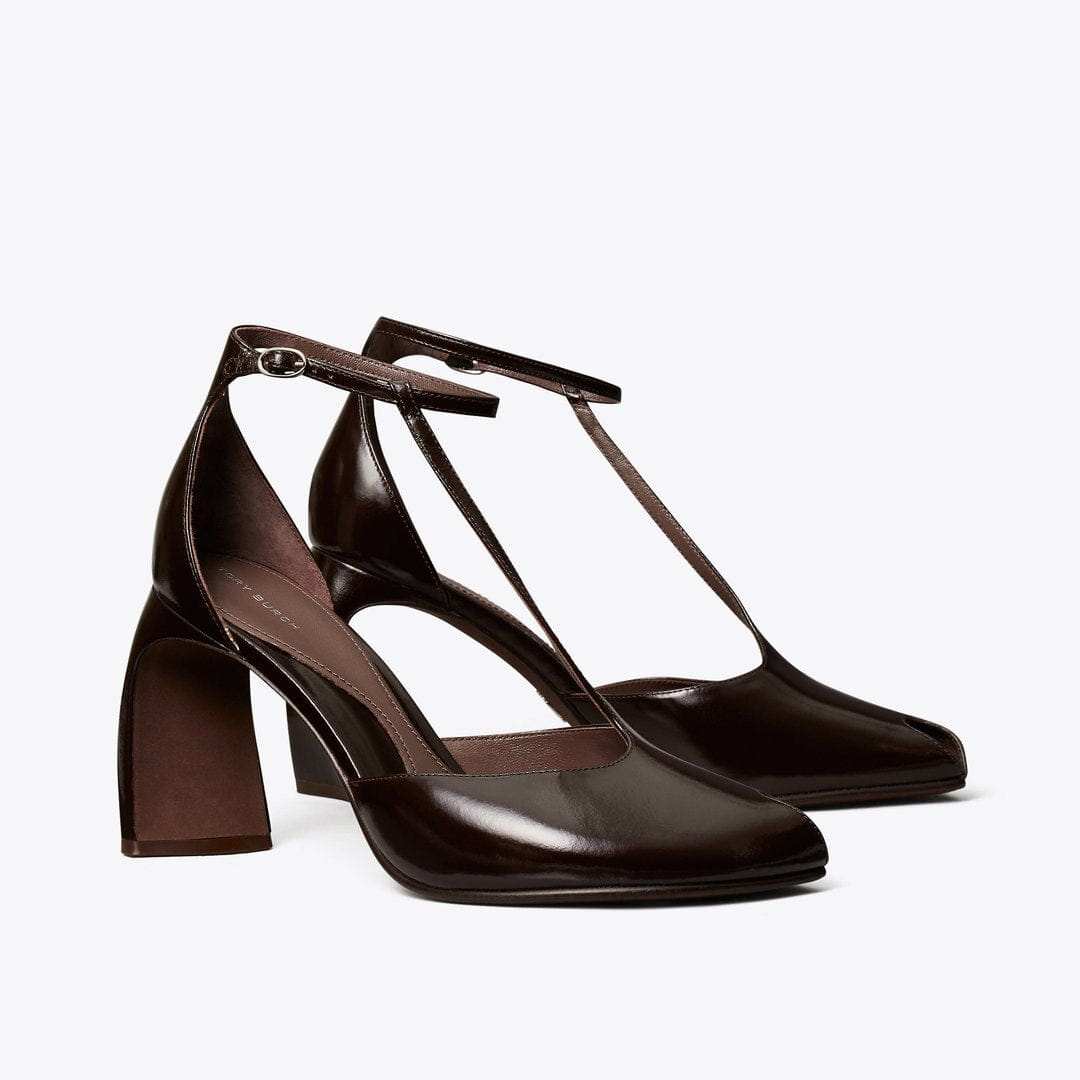 Tory Burch Peep - Toe T - Strap Heeled Sandal DEEP BROWN