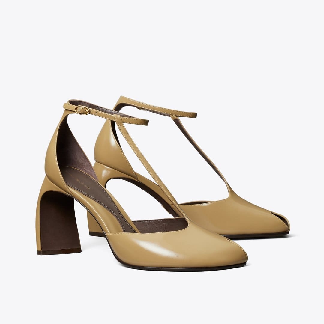 Tory Burch Peep - Toe T - Strap Heeled Sandal WARM NUTMEG